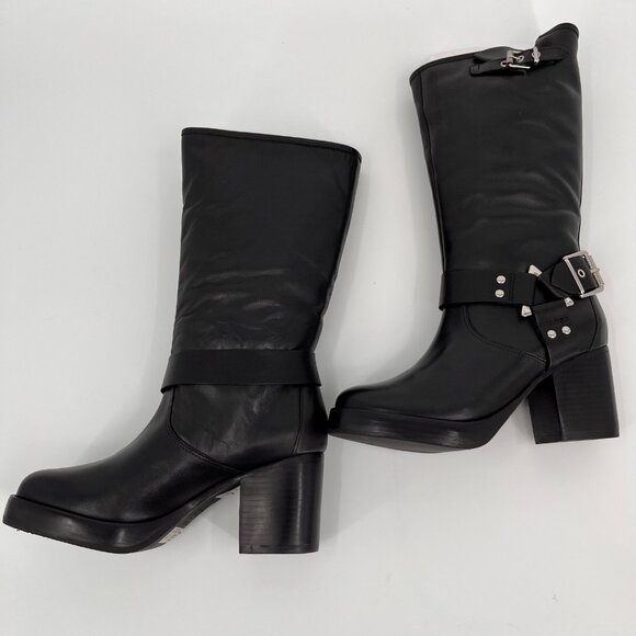 Schutz Kiara Block Heel Boots Size 8.5B Black Leather Square Toe Slip On - Picture 8 of 16
